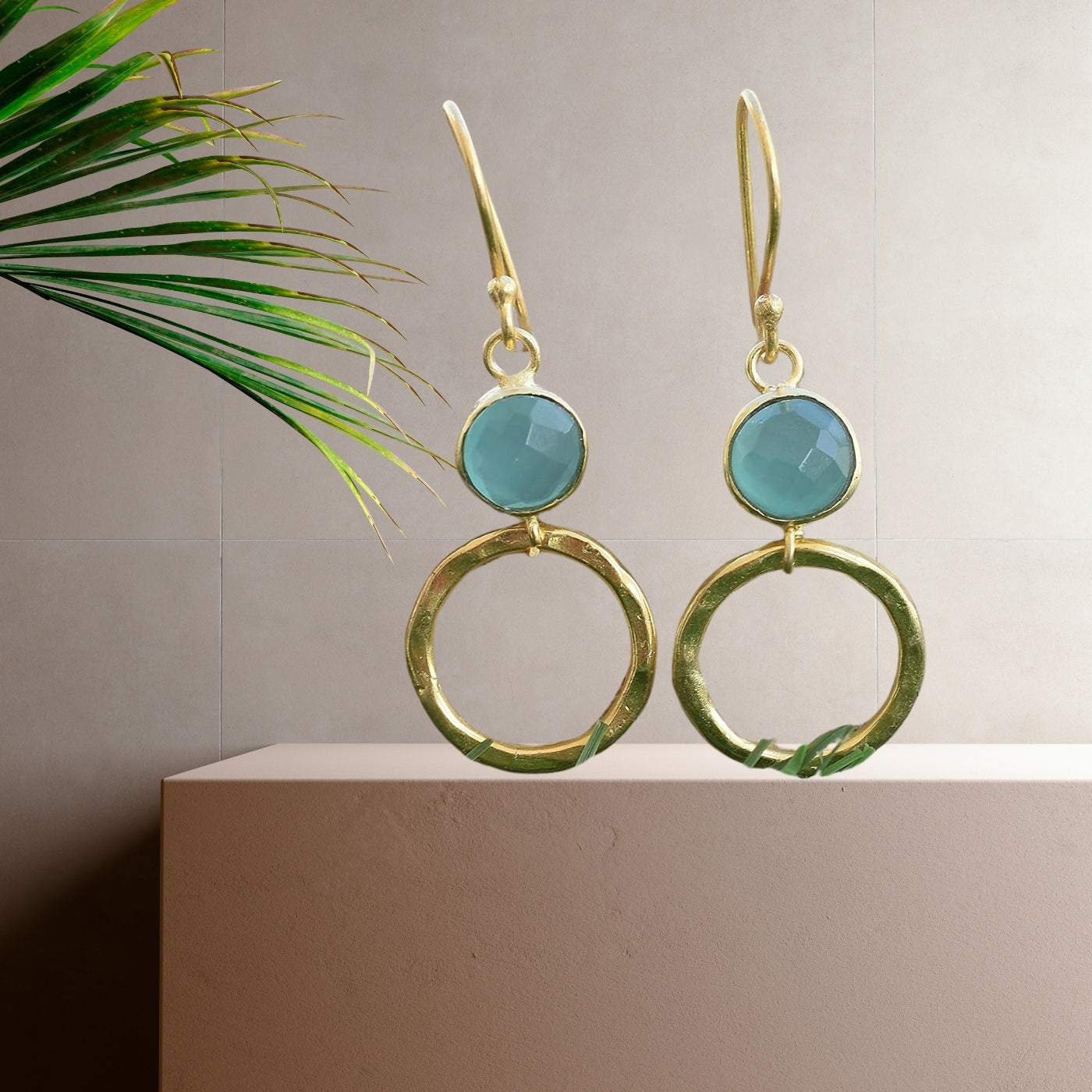 Gold Plated Blue chalcedony Earring,  Round Shape Dangly Earrings, Contemporary Jewellery For Wedding & Jewelry