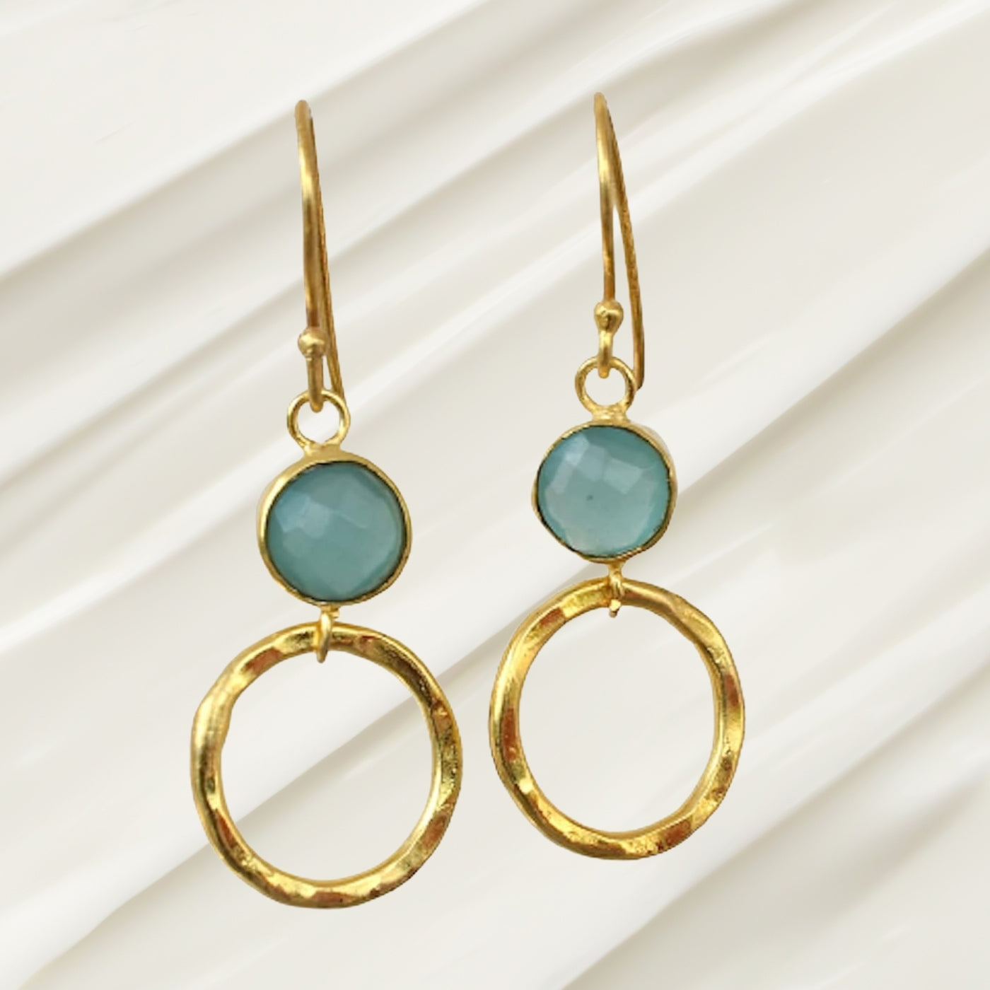 Gold Plated Blue chalcedony Earring,  Round Shape Dangly Earrings, Contemporary Jewellery For Wedding & Jewelry