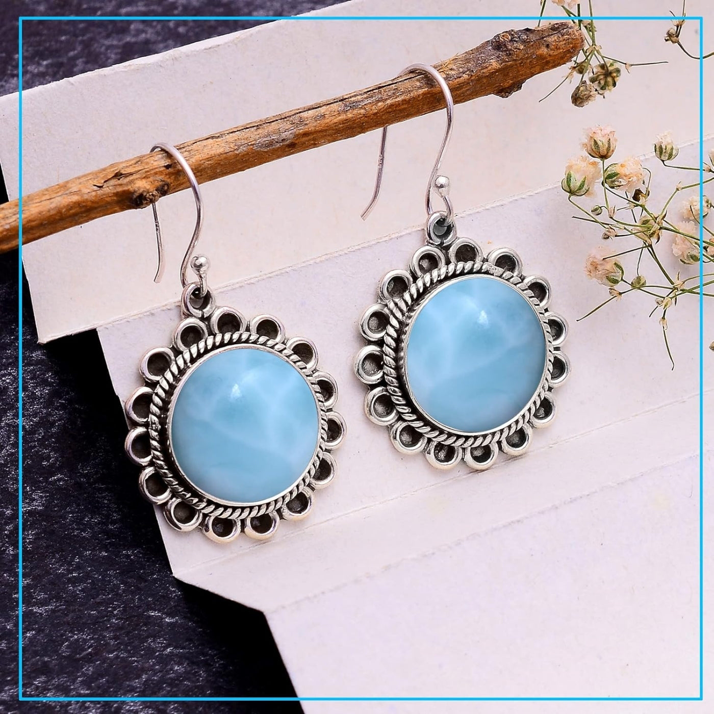 Larimar Earrings For Women In 925 Sterling silver, Drop Earrings Solid Silver Dangly Earrings, Contemporary Jewellery For Women & Girls