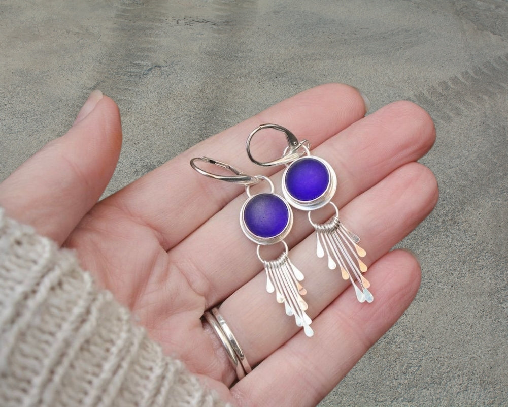 Sea Glass Earrings, Round Cobalt Blue Earrings Heart Earrings, handmade sea glass jewelry, Sterling Silver Drop Earrings