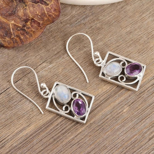 Handmade Amethyst and Rainbow Moonstone Earrings, Natural Handmade Dangle Earrings For Wedding & Anniversary