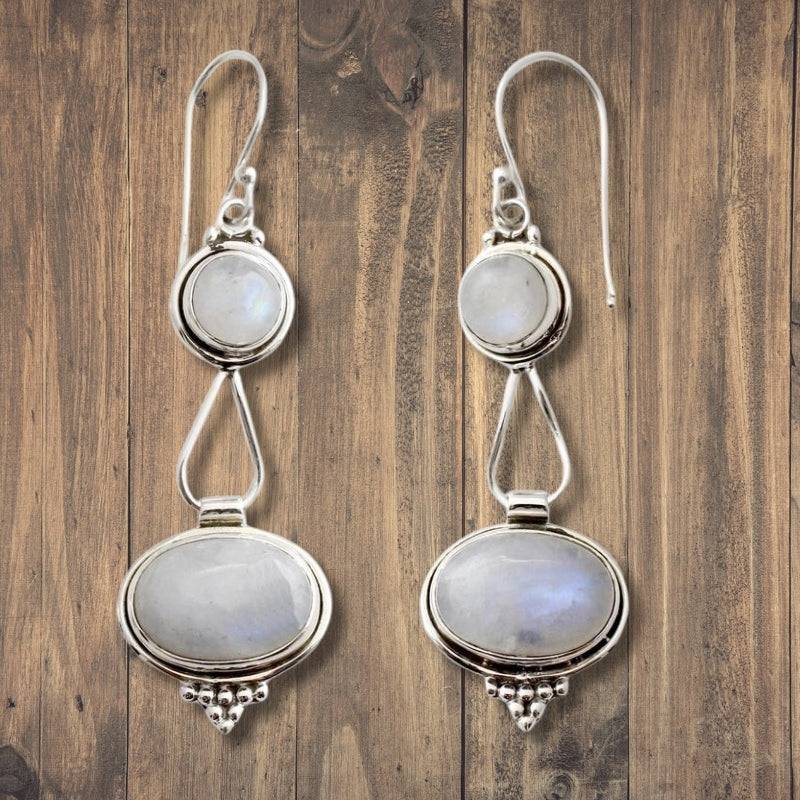 Rainbow Moonstone Earrings, Sterling Silver, Natural Handmade Dangle Earrings For Wedding & Anniversary