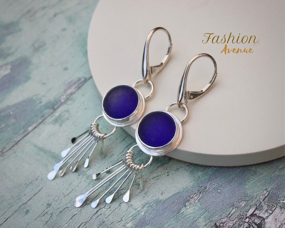 Sea Glass Earrings, Round Cobalt Blue Earrings Heart Earrings, handmade sea glass jewelry, Sterling Silver Drop Earrings