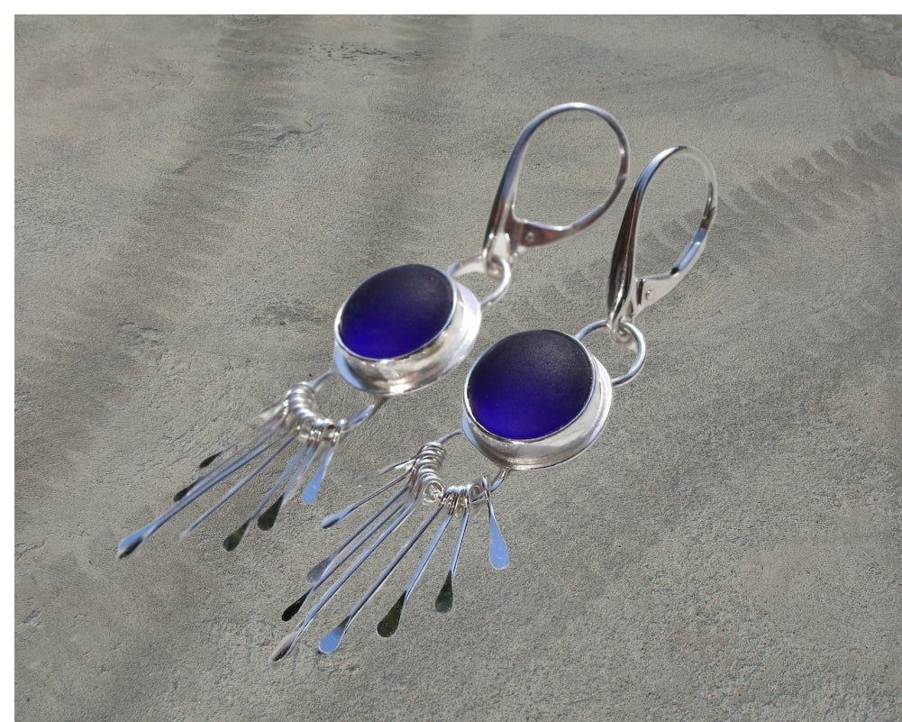 Sea Glass Earrings, Round Cobalt Blue Earrings Heart Earrings, handmade sea glass jewelry, Sterling Silver Drop Earrings