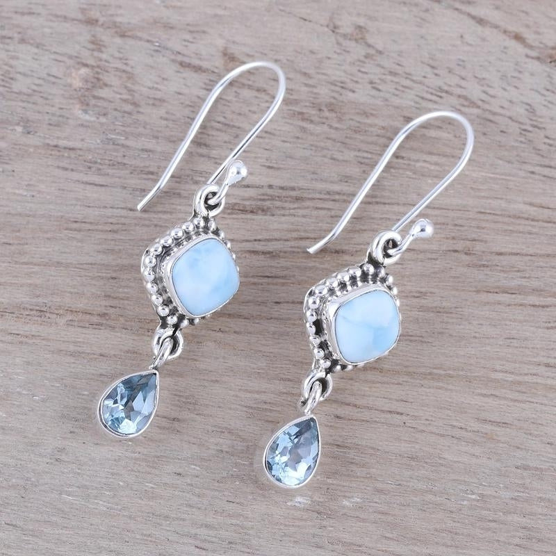 Larimar and Blue Topaz Dangle Earrings For Wedding & Anniversary