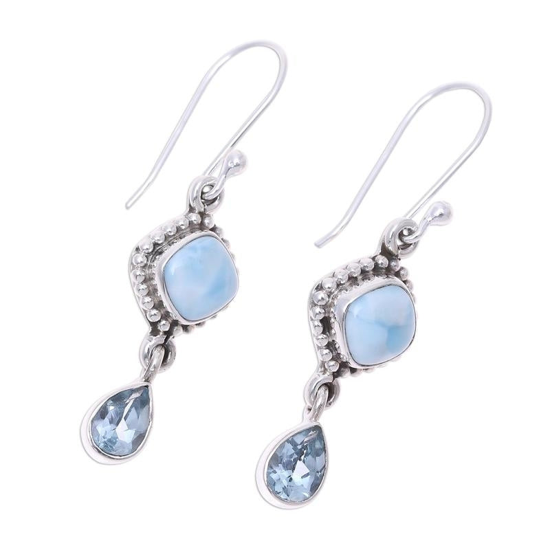 Larimar and Blue Topaz Dangle Earrings For Wedding & Anniversary