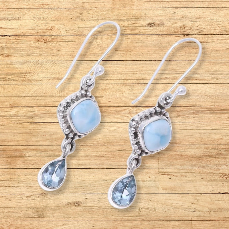 Larimar and Blue Topaz Dangle Earrings For Wedding & Anniversary