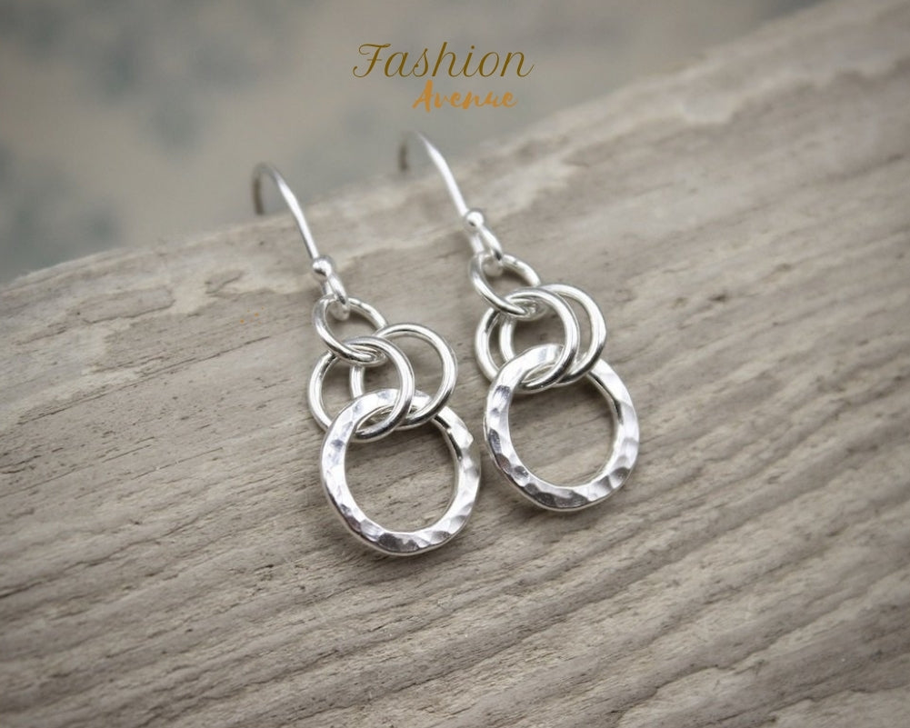 925 Sterling silver Earring, Hammered Circle Earring, Drop Earrings Solid Silver Dangly Earrings, Contemporary Jewellery