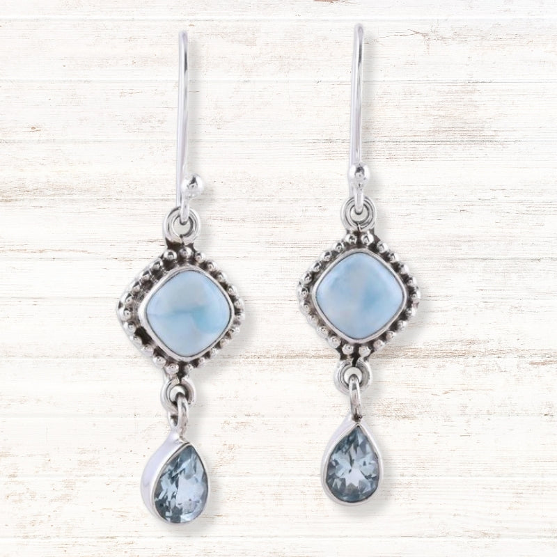 Larimar and Blue Topaz Dangle Earrings For Wedding & Anniversary