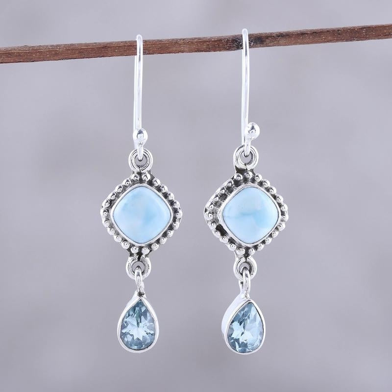 Larimar and Blue Topaz Dangle Earrings For Wedding & Anniversary