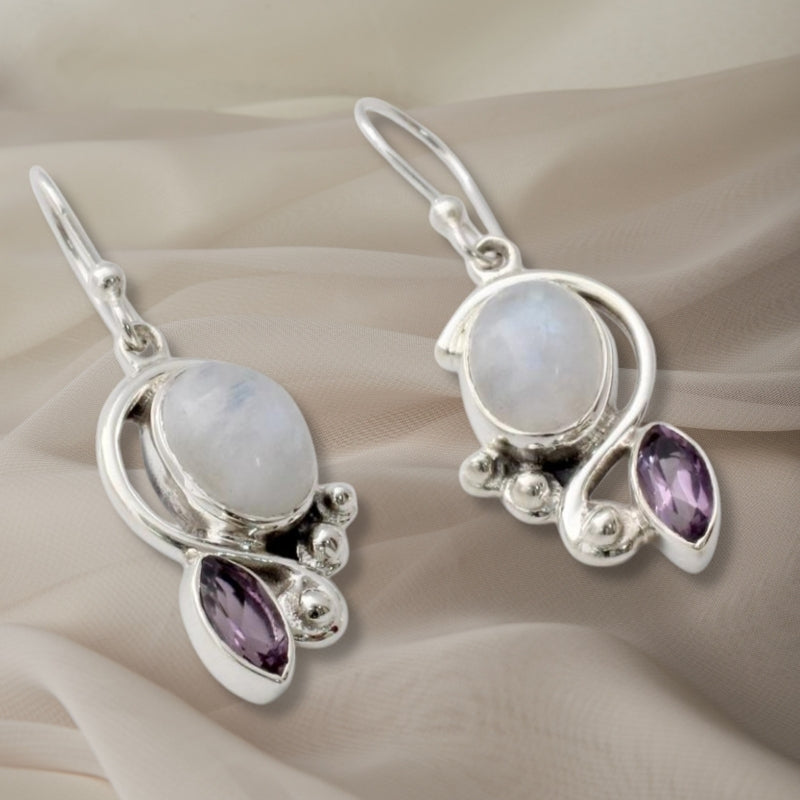 Rainbow Moonstone Earrings with Amethyst And Silver, Natural Handmade Dangle Earrings For Wedding & Anniversary