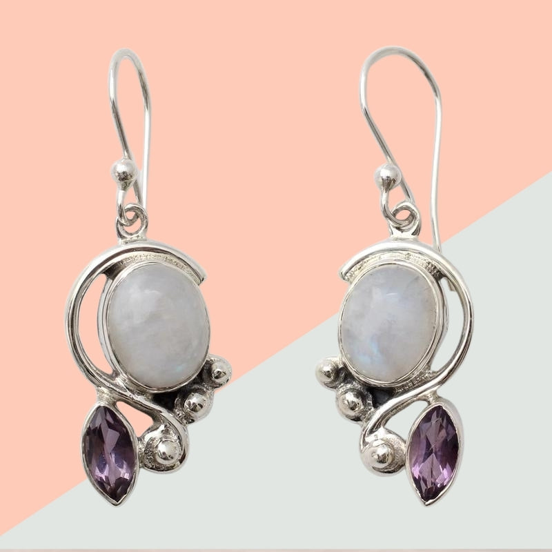 Rainbow Moonstone Earrings with Amethyst And Silver, Natural Handmade Dangle Earrings For Wedding & Anniversary