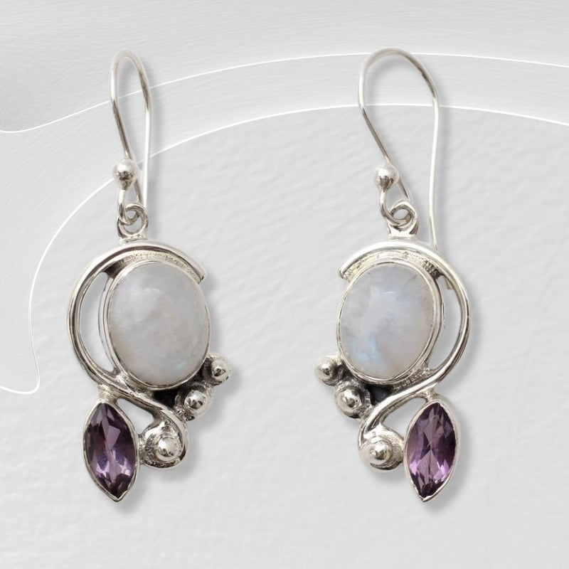 Rainbow Moonstone Earrings with Amethyst And Silver, Natural Handmade Dangle Earrings For Wedding & Anniversary