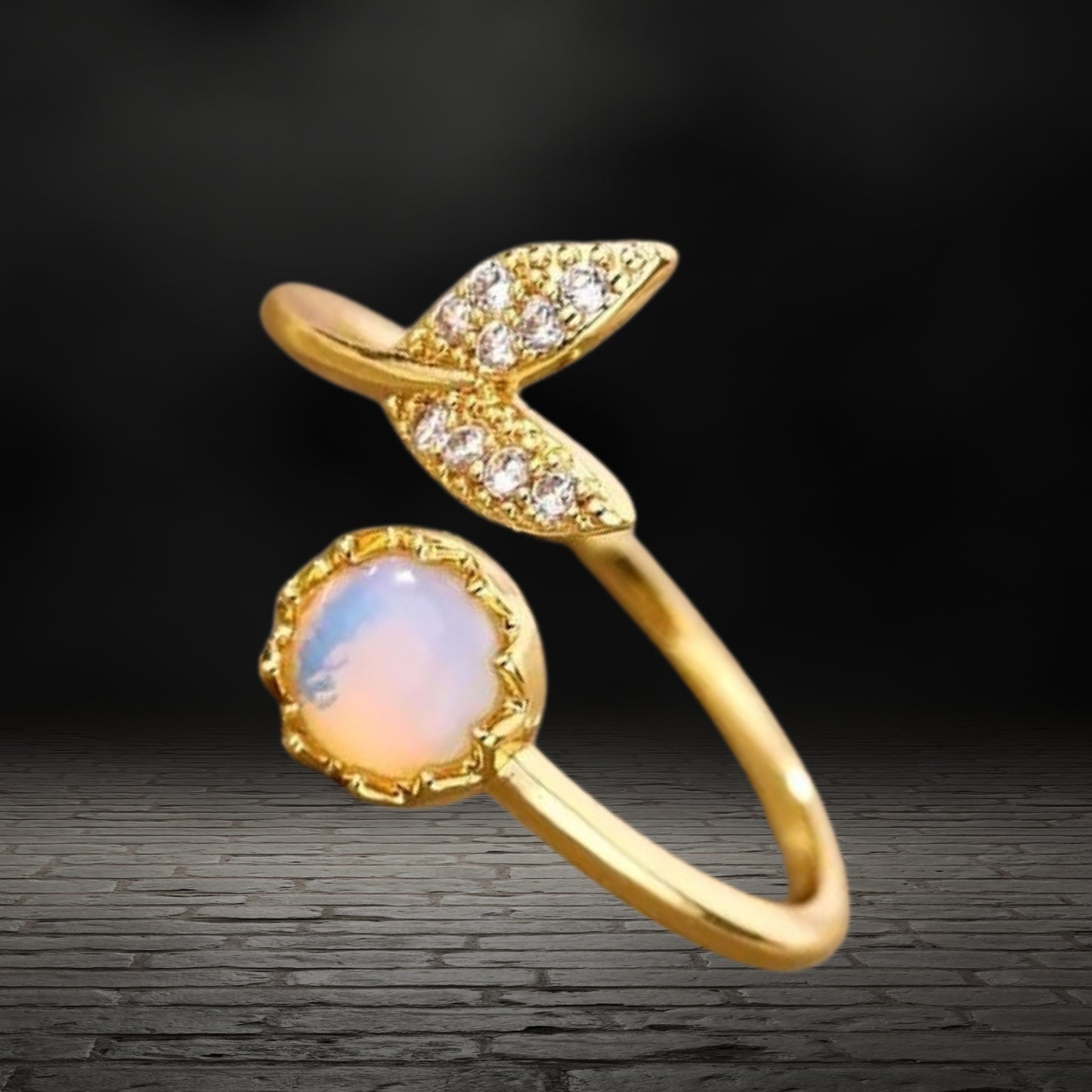 Stainless Steel Gold Ring, Adjustable Ring, Mermaid Tail Ring, Opal Colored Moonstone Ring, Crystal Ring For Wedding & Anniversary