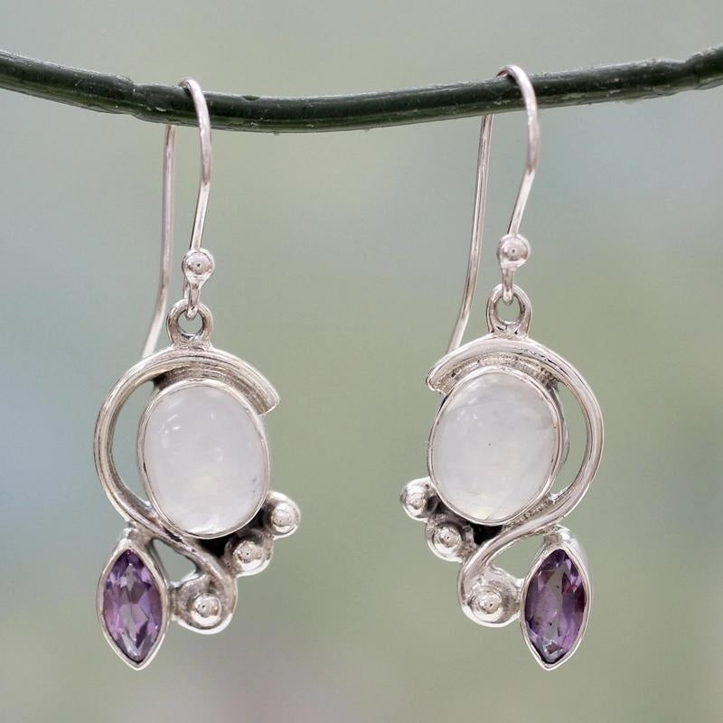 Rainbow Moonstone Earrings with Amethyst And Silver, Natural Handmade Dangle Earrings For Wedding & Anniversary