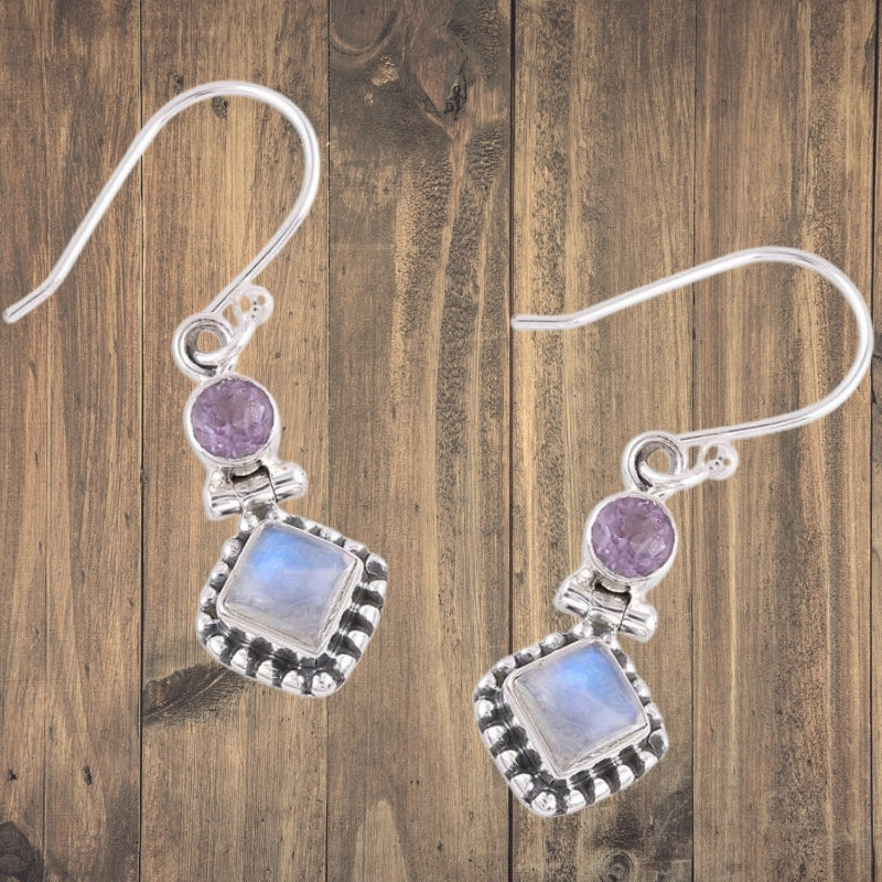 Rainbow Moonstone Earrings with Amethyst In 925 sterling silver, Natural Handmade Earrings For Wedding & Anniversary