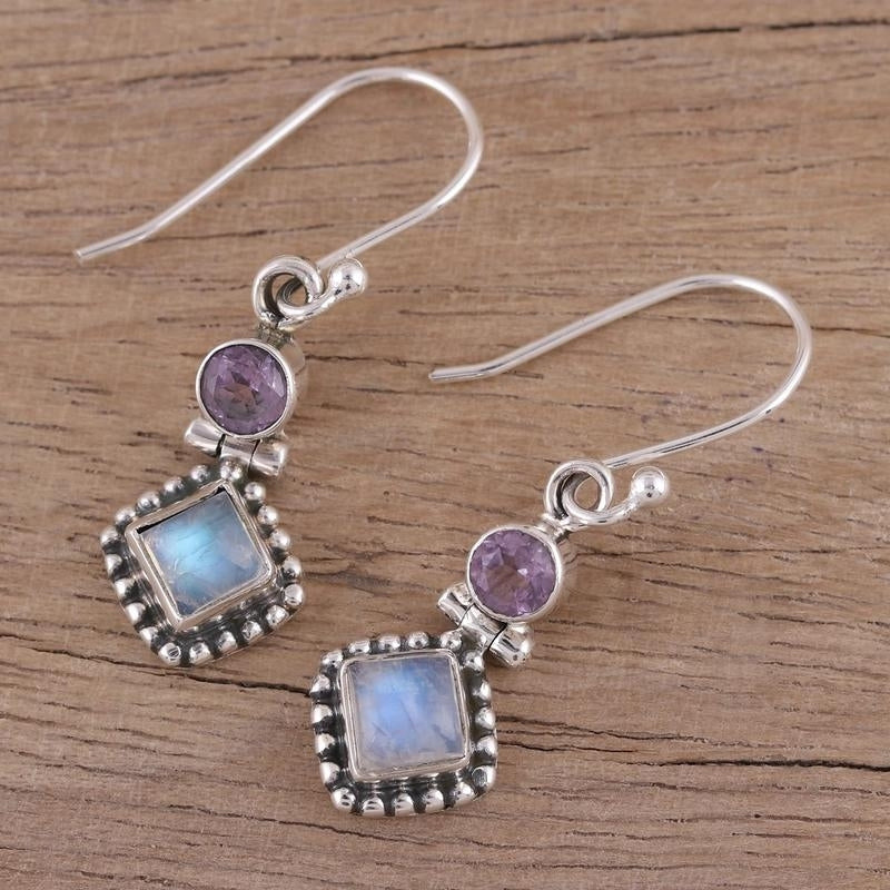 Rainbow Moonstone Earrings with Amethyst In 925 sterling silver, Natural Handmade Earrings For Wedding & Anniversary