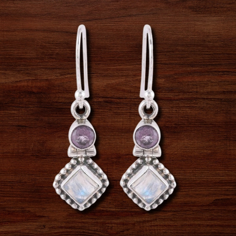 Rainbow Moonstone Earrings with Amethyst In 925 sterling silver, Natural Handmade Earrings For Wedding & Anniversary