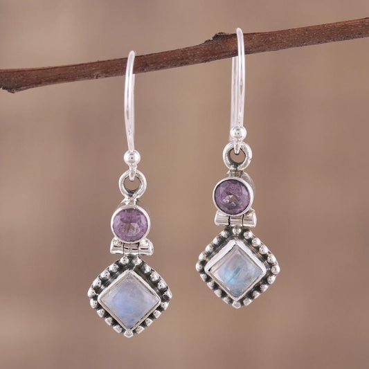 Rainbow Moonstone Earrings with Amethyst In 925 sterling silver, Natural Handmade Earrings For Wedding & Anniversary