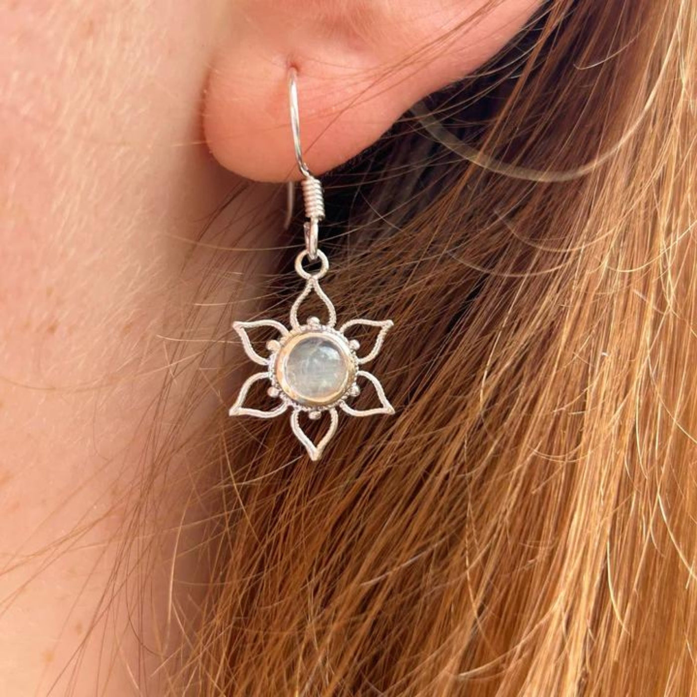 Pretty Attractive Moonstone Drop Dangle Stud Earring In Lotus Flower Shaped, 925 Sterling Silver Jewelry For Wedding & Anniversary