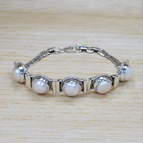 Round Handmade Pearl Gemstone Bracelet In 925 Sterling silver, Gemstone Adjustable Bracelet For Wedding & Anniversary