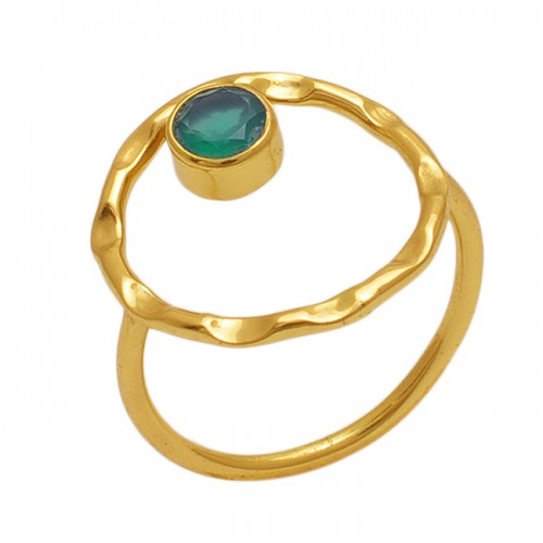 Round Shape Green Onyx Gemstone 925 Sterling Silver Jewelry Gold Plated Ring