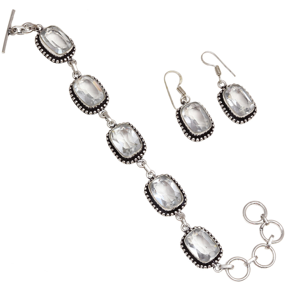 White Topaz Gemstone Friends 925 Silver Jewelry bracelet &Earring 7-8''