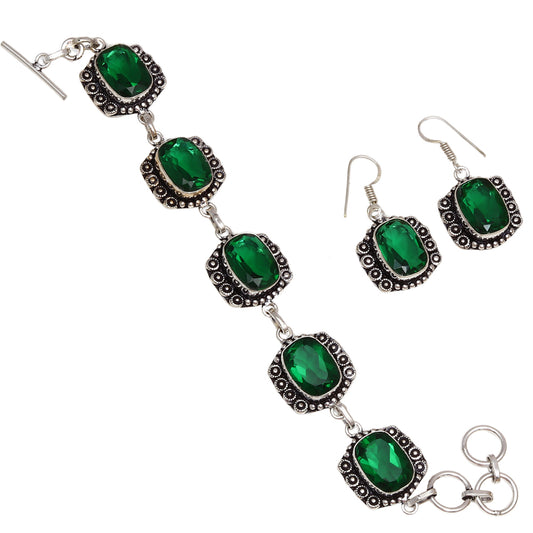 Emerald Quartz Gemstone 925 Silver Jewelry bracelet &Earring 7-8''