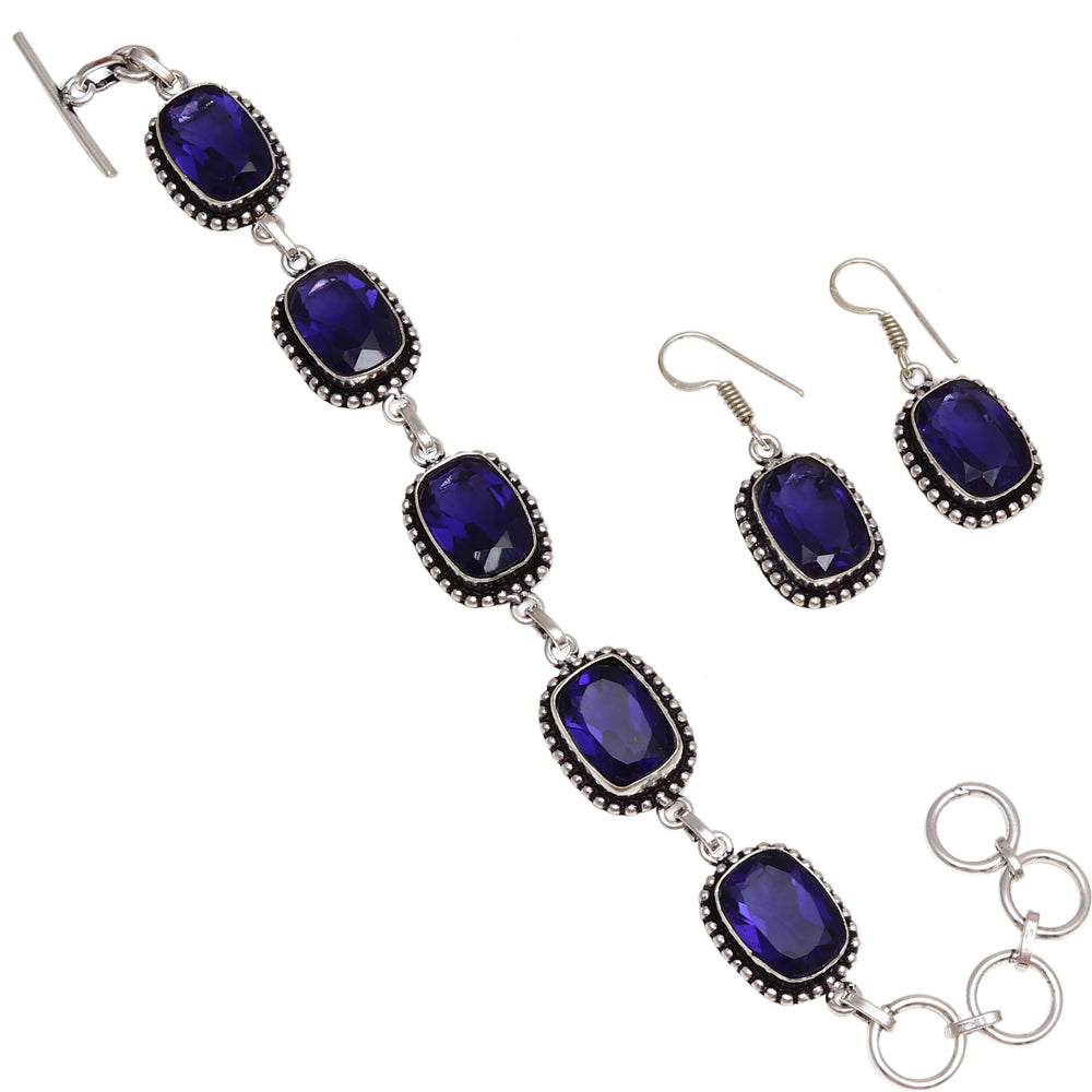 Tanzanite Quartz Gemstone 925 Silver Jewelry bracelet &Earring 7-8''