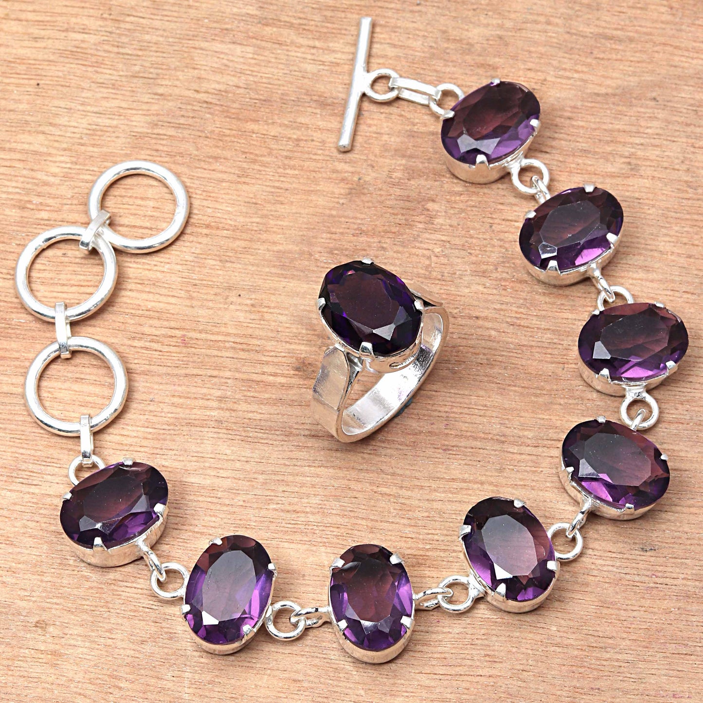 Amethyst Quartz Gemstone Women's Unisex Silver Jewelry Bracelets & Rings 7-8''