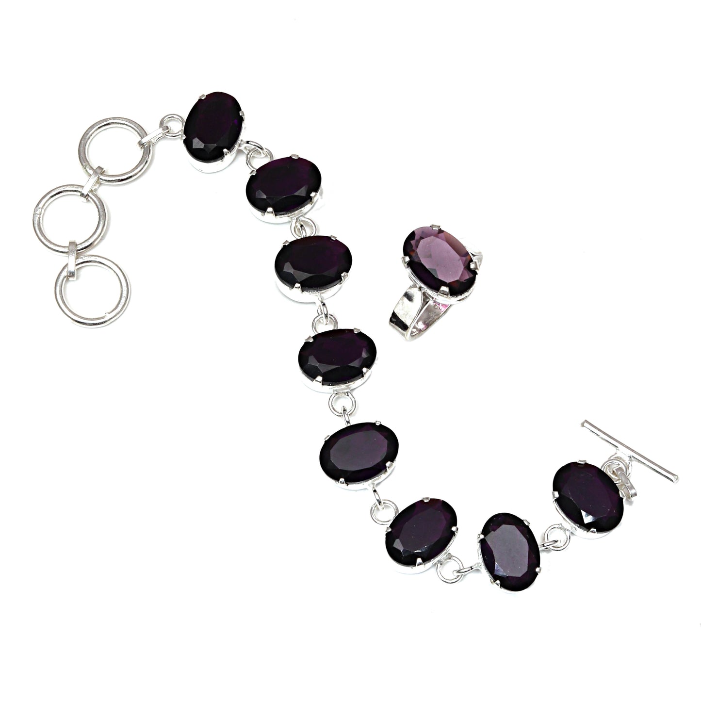 African Amethyst Gemstone Women's Unisex Silver Jewelry Bracelets & Rings 7-8''