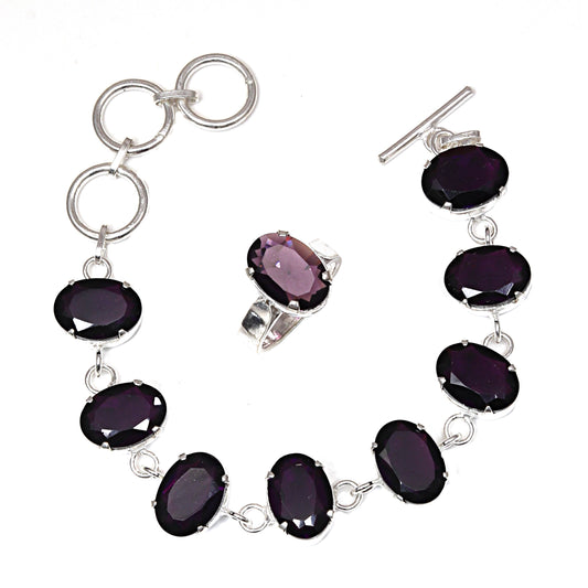 African Amethyst Gemstone Women's Unisex Silver Jewelry Bracelets & Rings 7-8''