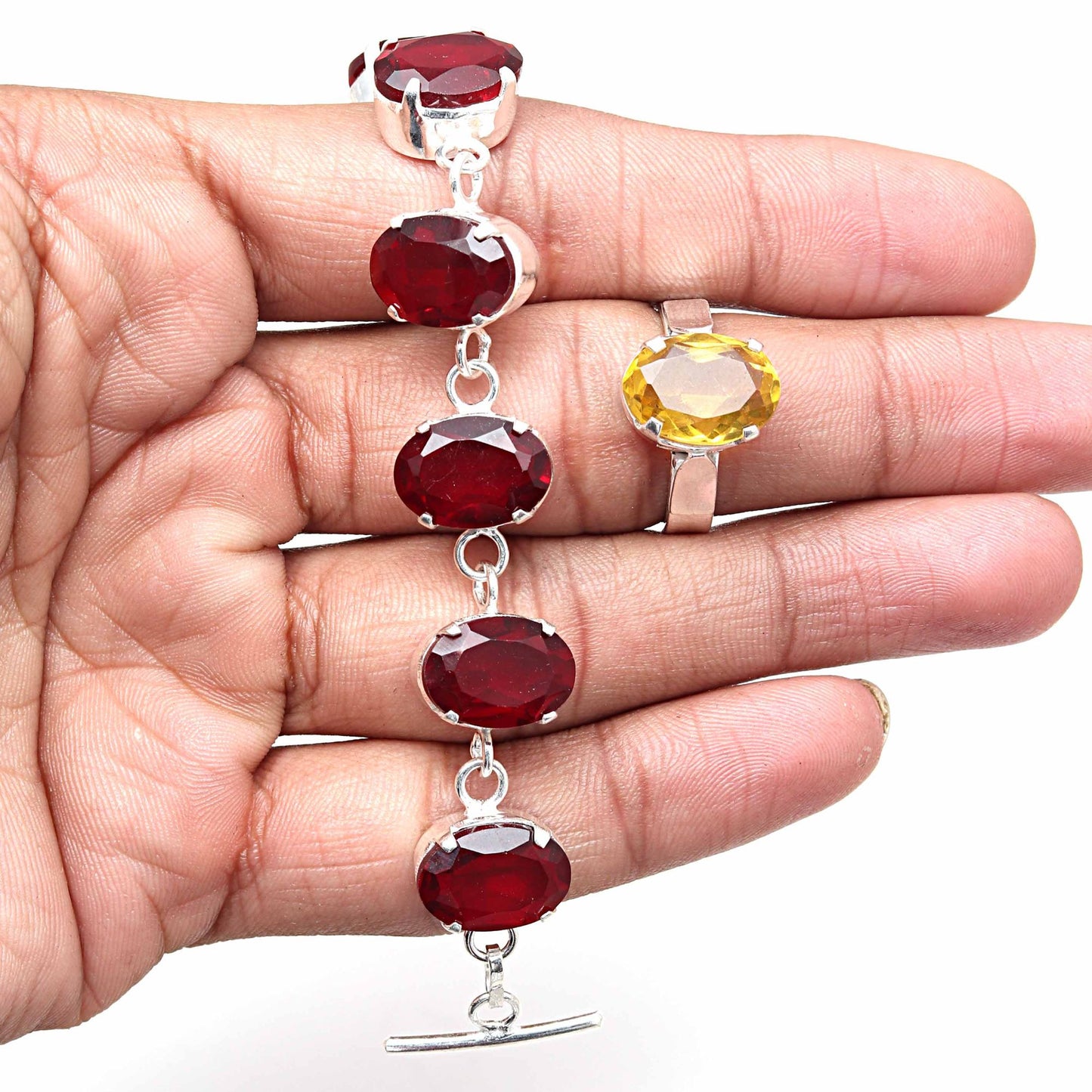 Mozambique Garnet Gemstone Women's Unisex Silver Jewelry Bracelets & Rings 7-8''