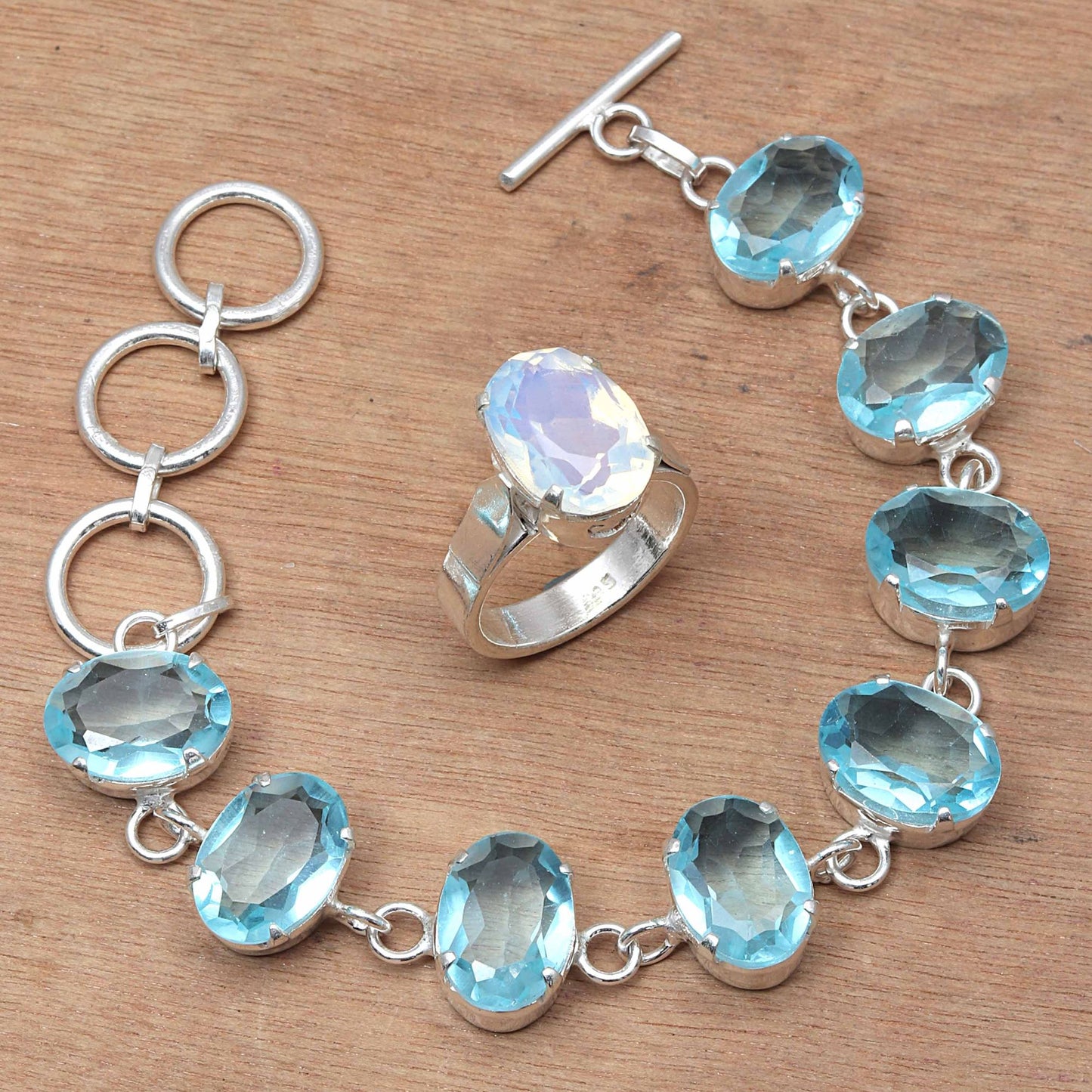 Swiss Blue Quartz Gemstone Women's Unisex Silver Jewelry Bracelets & Rings 7-8''