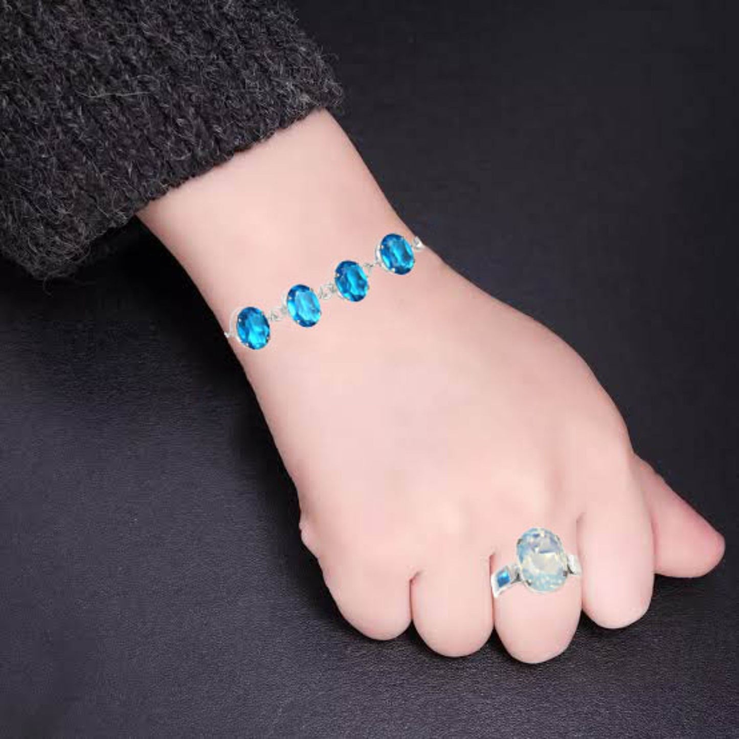 Swiss Blue Quartz Gemstone Women's Unisex Silver Jewelry Bracelets & Rings 7-8''