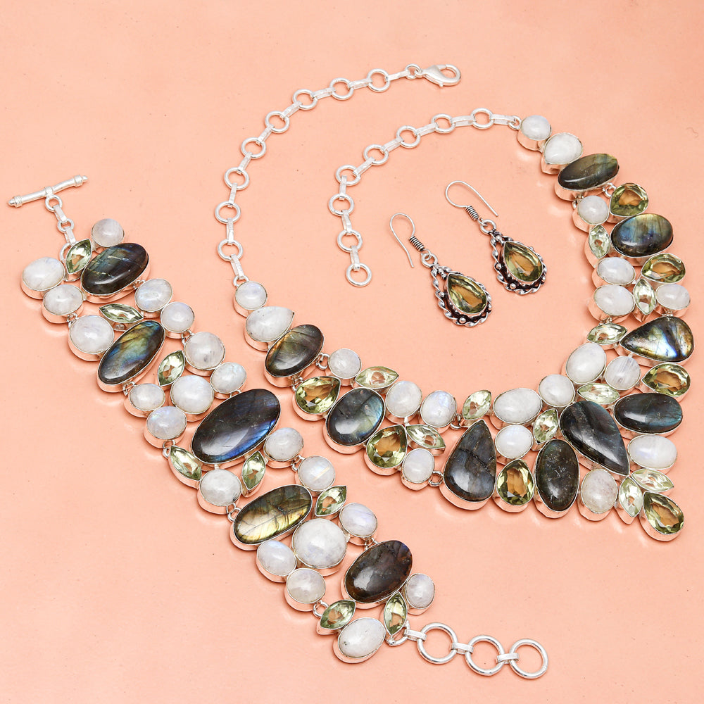 Rainbow Moonstone Shiney Labrodorite Handicraft Jewelry Necklace Set 16-18''