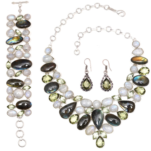 Rainbow Moonstone Shiney Labrodorite Handicraft Jewelry Necklace Set 16-18''