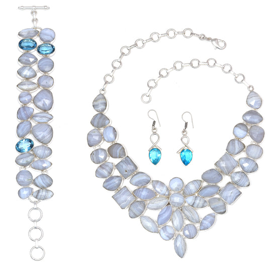 Blue Less Agate Facited  Swiss Blue Quartz Jewelry Necklace Set 16-18''