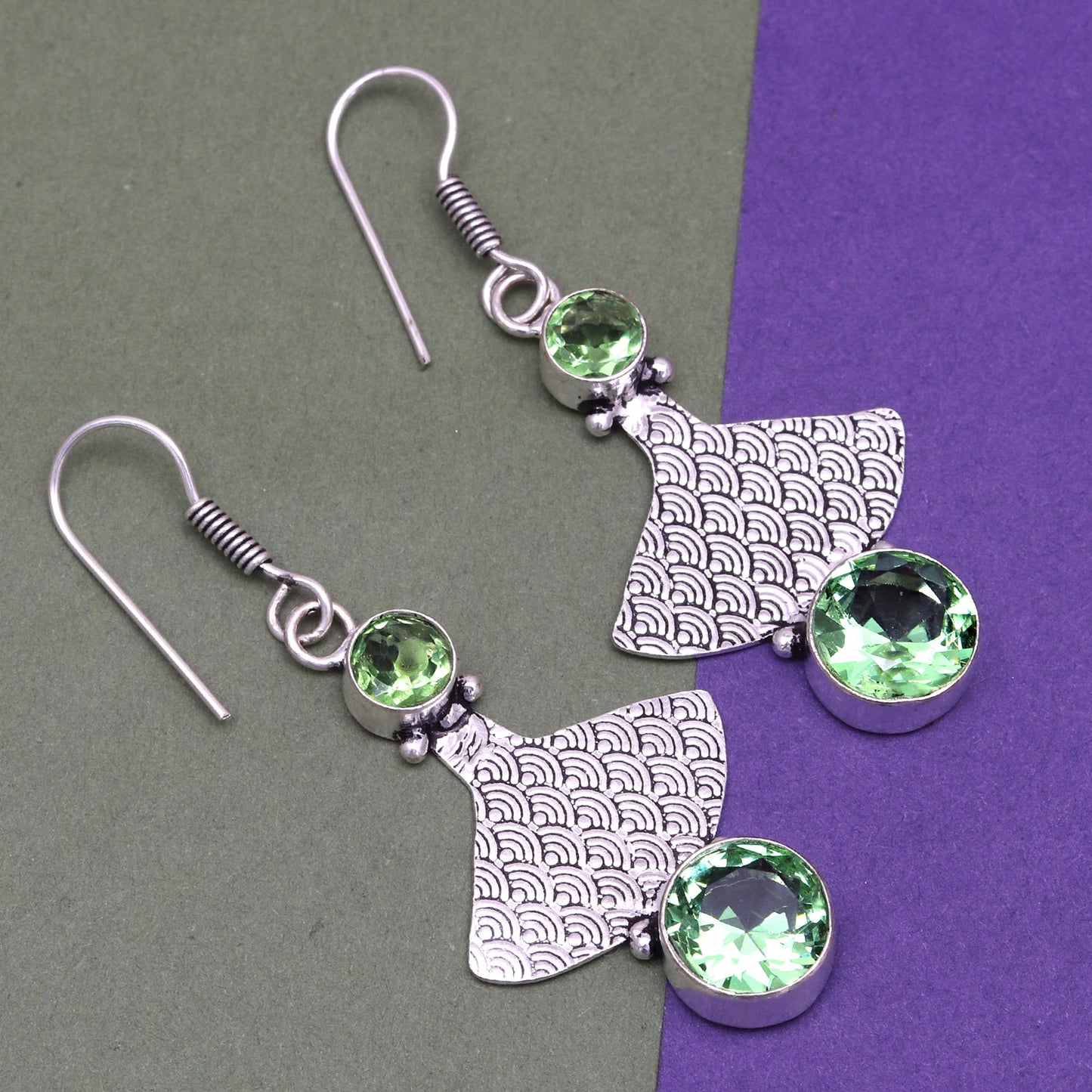 Peridot Quartz Gemstones In 925 Sterling Silver Earrings