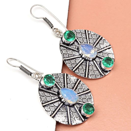 Emerald with fire opal Earrings In 925 Sterling Silver Earrings Gemstones