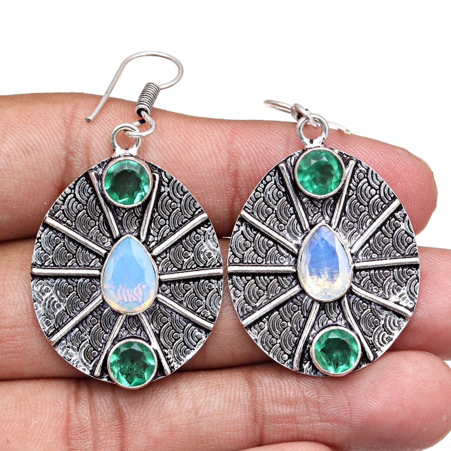 Emerald with fire opal Earrings In 925 Sterling Silver Earrings Gemstones