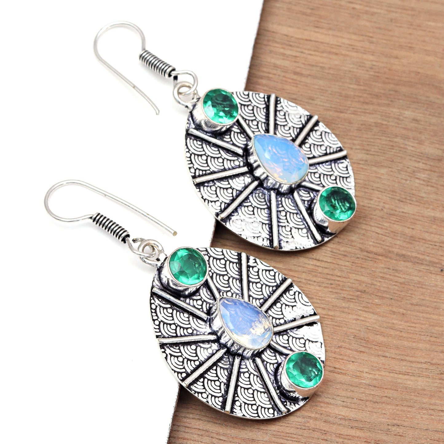 Emerald with fire opal Earrings In 925 Sterling Silver Earrings Gemstones