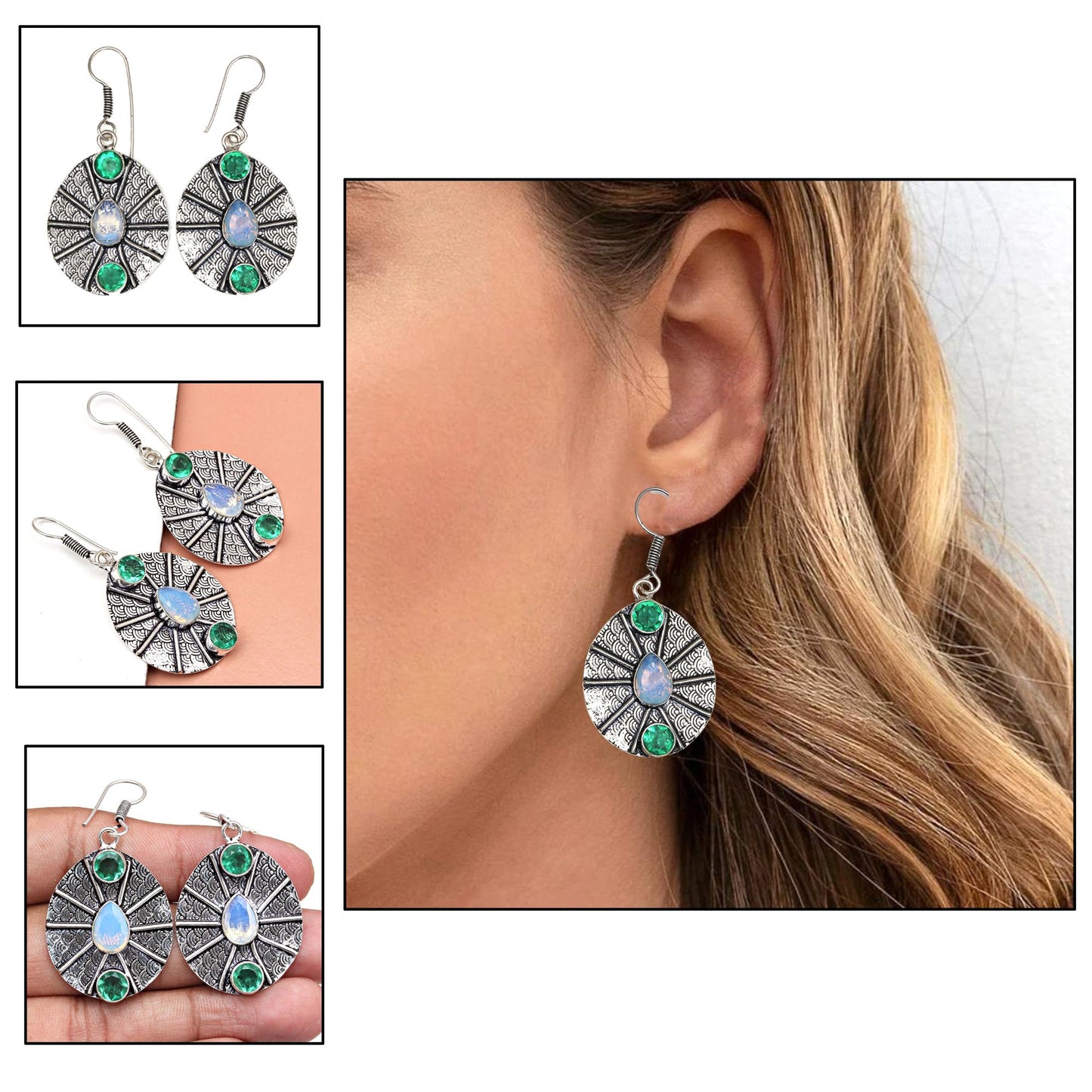 Emerald with fire opal Earrings In 925 Sterling Silver Earrings Gemstones