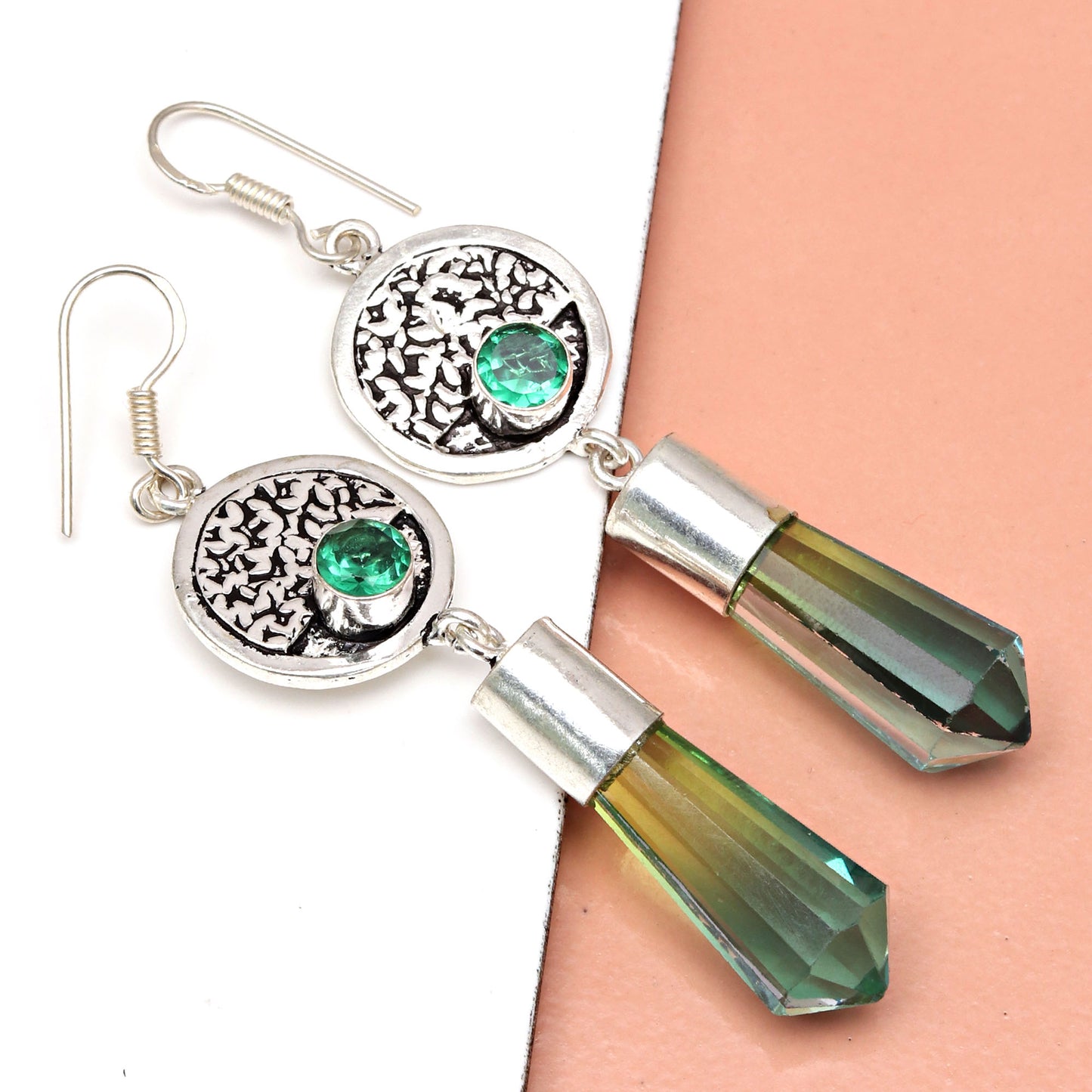 Bio Tourmaline With Emerald Quartz,Earrings In 925 Sterling Silver Earrings Gemstones