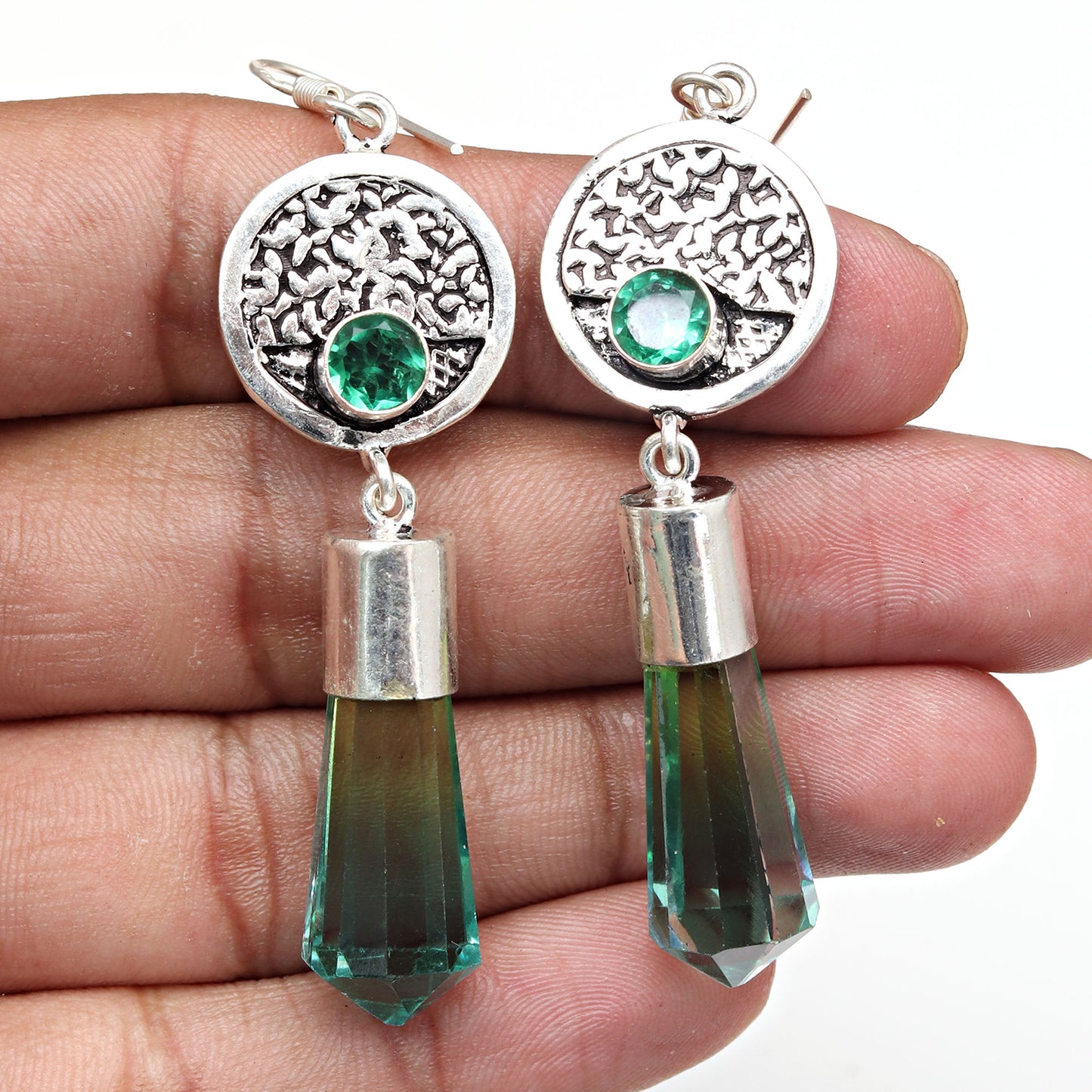 Bio Tourmaline With Emerald Quartz,Earrings In 925 Sterling Silver Earrings Gemstones