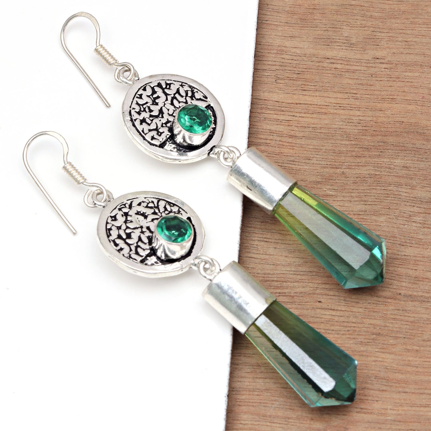 Bio Tourmaline With Emerald Quartz,Earrings In 925 Sterling Silver Earrings Gemstones