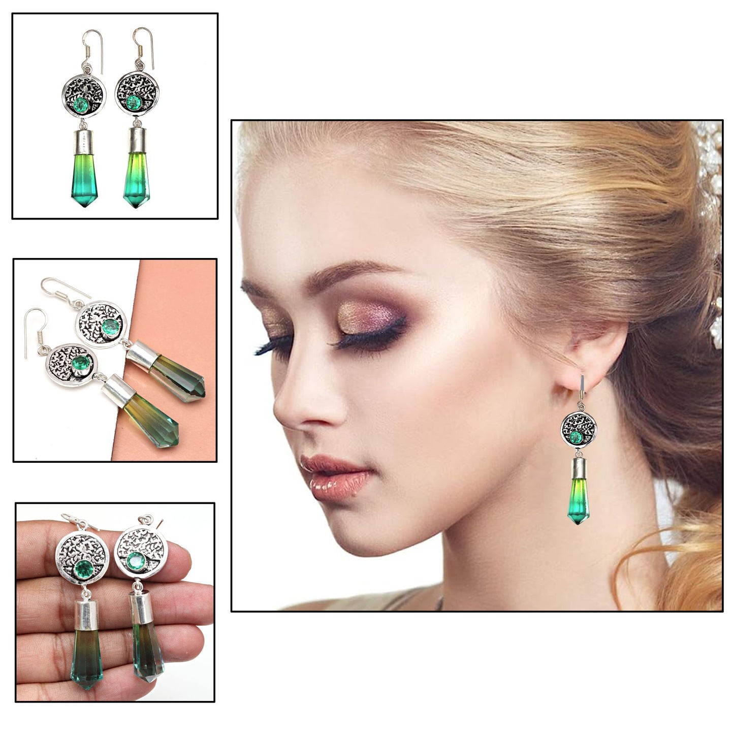 Bio Tourmaline With Emerald Quartz,Earrings In 925 Sterling Silver Earrings Gemstones