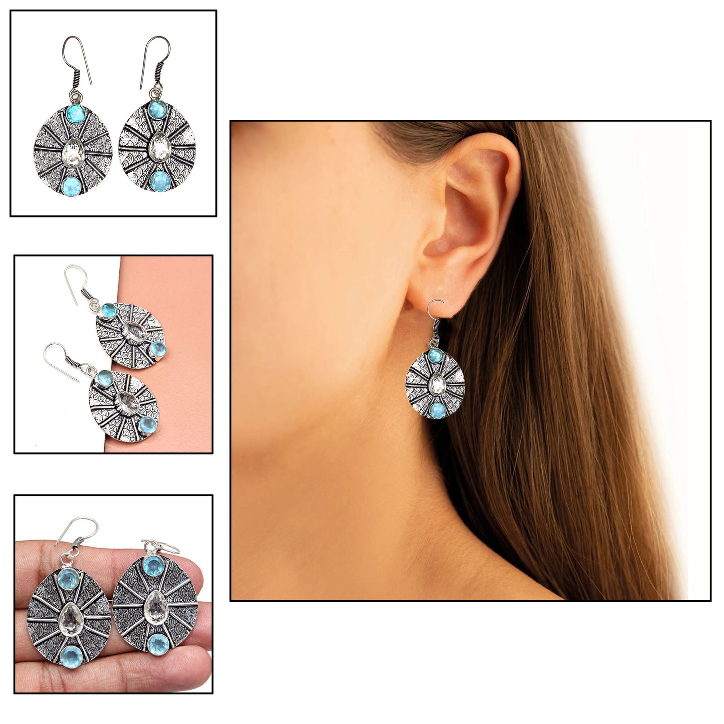 Swiss blue quartz with fire totapz Earrings In 925 Sterling Silver Earrings Gemstones