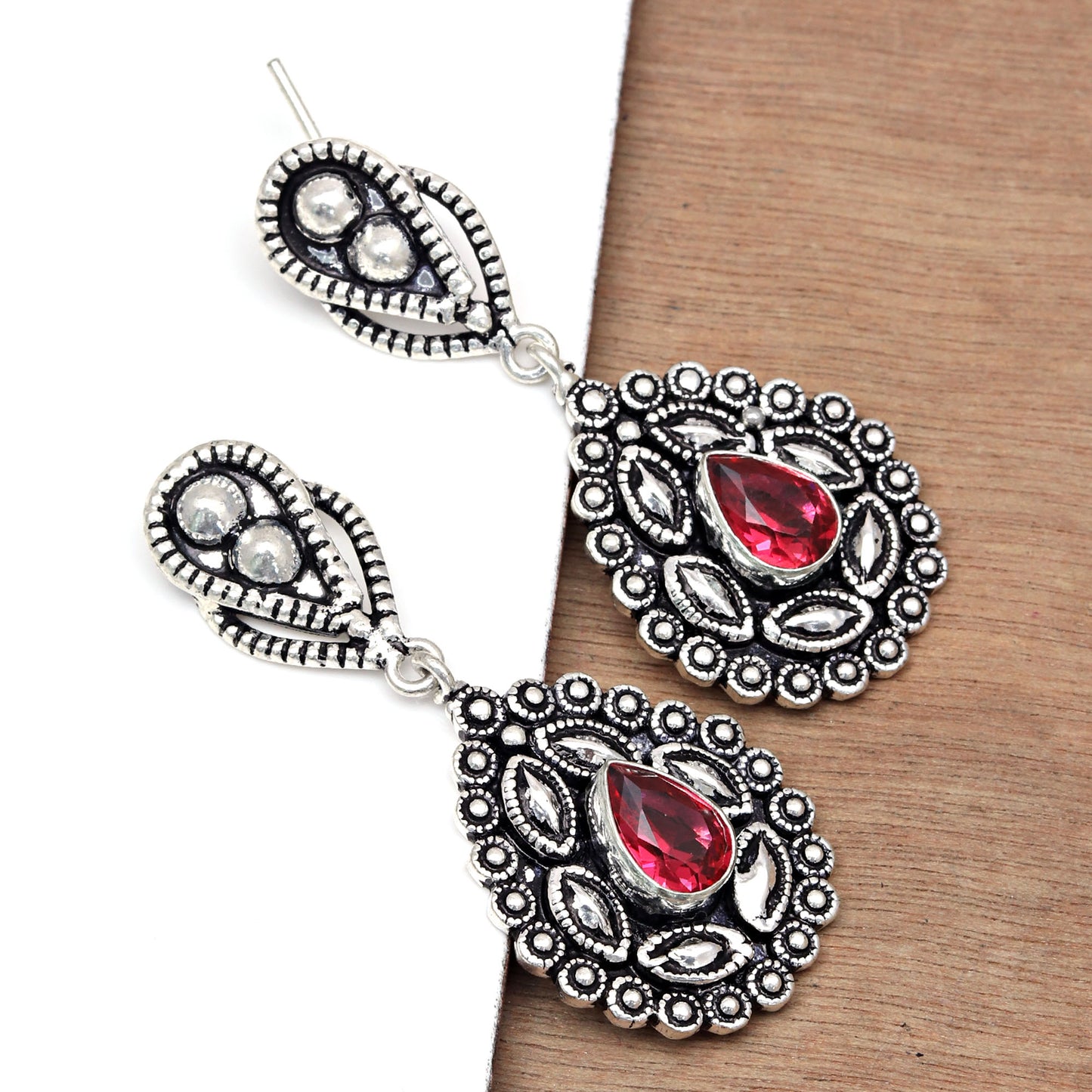 Natural Red Garnet Earring In 925 Sterling Silver Gemstone