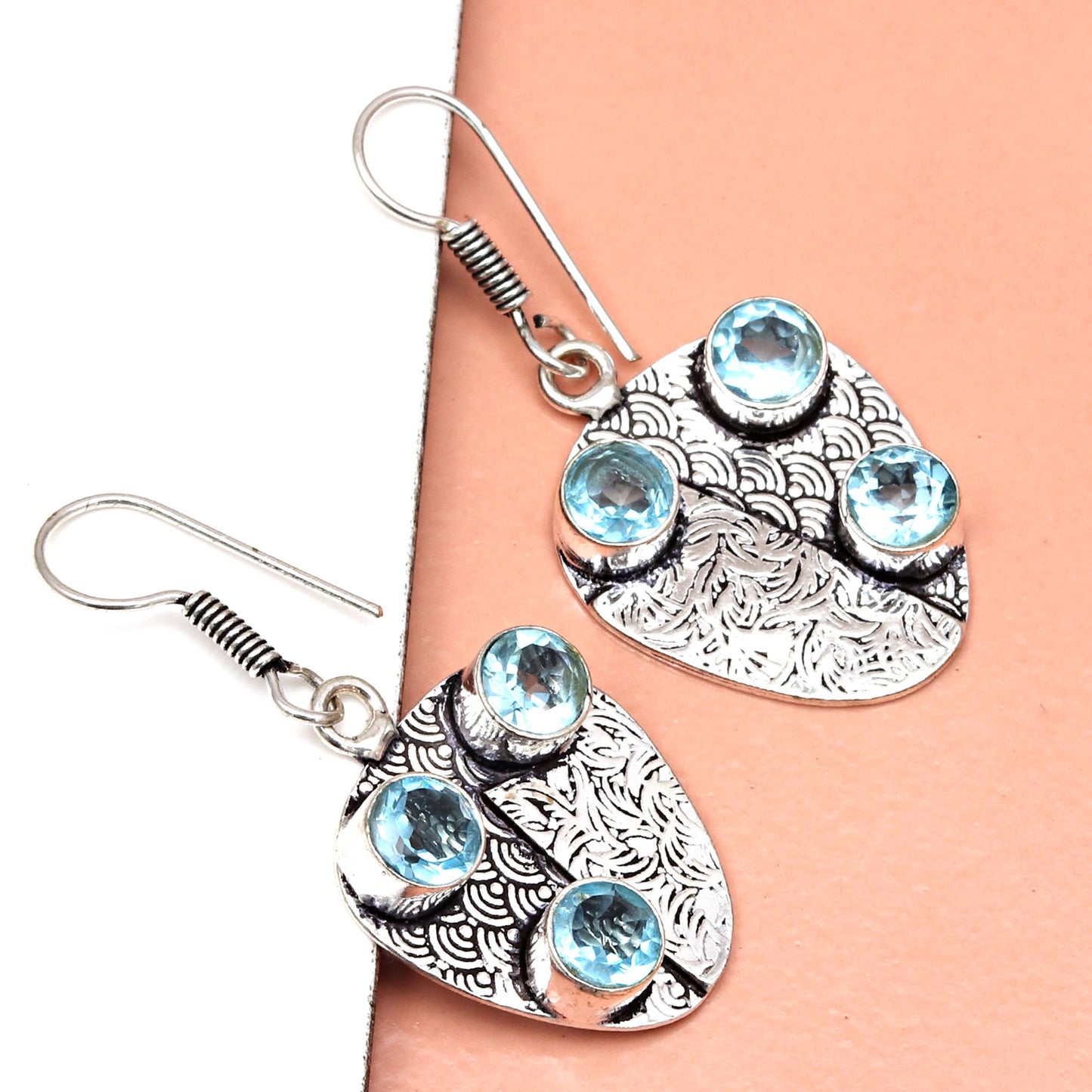 Swiss blue quartz multi stone earring In 925 Silver